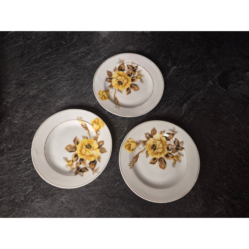 Vintage Japan Yellow Rose Dessert Plates Gold Trim Floral Porcelain 3pc Set